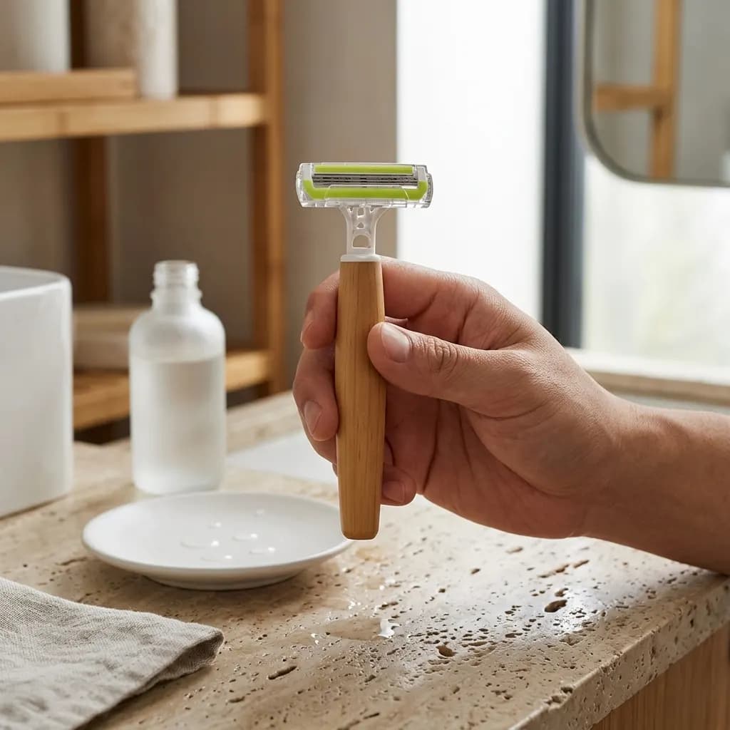 A hand holding the RZR wooden-handle razor