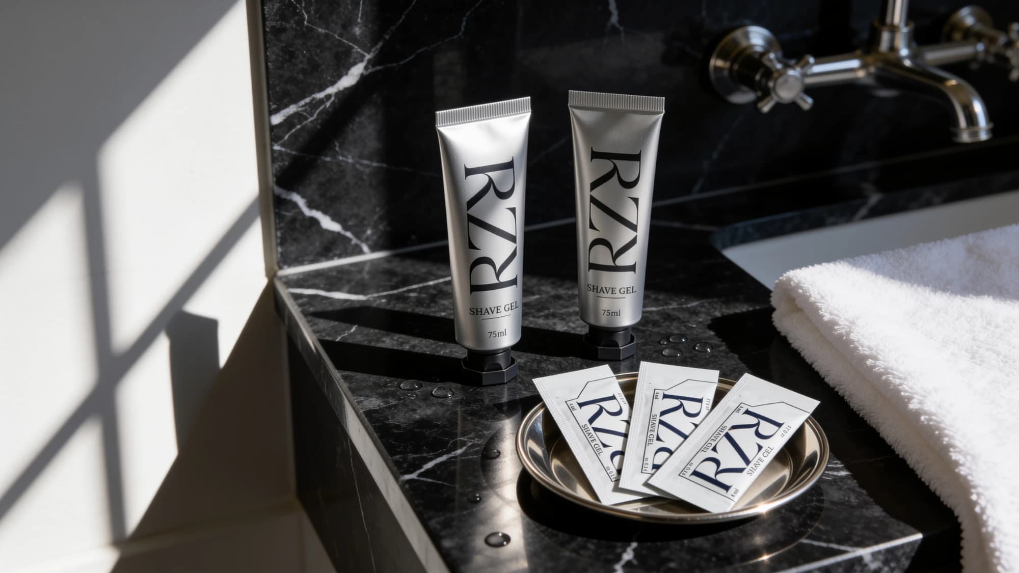 RZR shave gel in 75ml tubes and 4ml sachets on a black marble vanity
